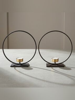 Candle Holders in Black and Gold - Set of 2 Metal 12" Tealight Home Decor
